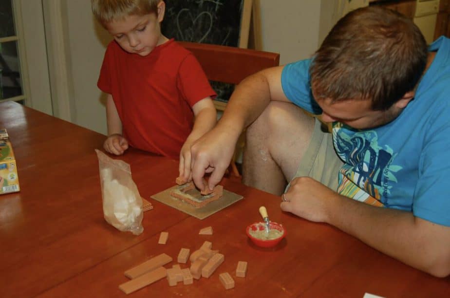 dad and boy building brick kit