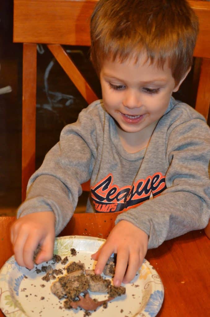 boy digging a dinosaur egg dig kit