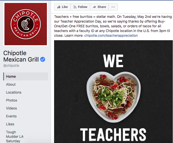 Chipotle Teacher Appreciation FREE Food Day