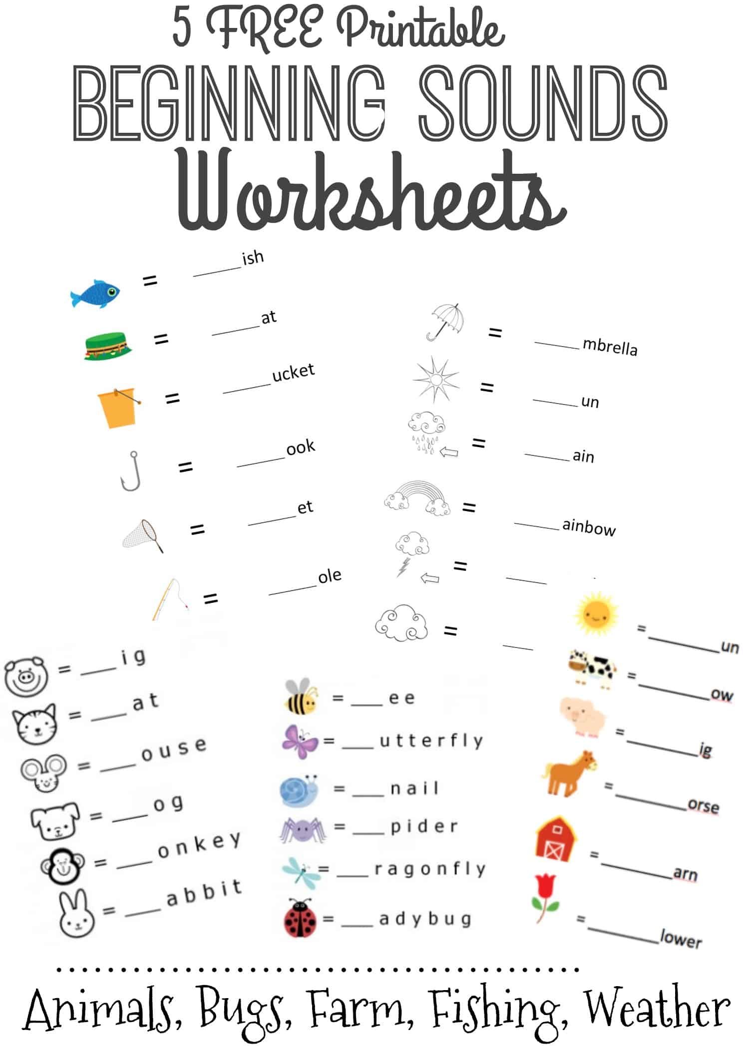 collection of five printable beginning sounds worksheets for early learners