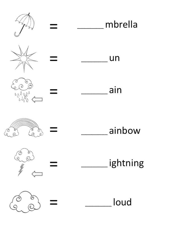 black and white weather themed printable worksheet for kids beginning letter sounds