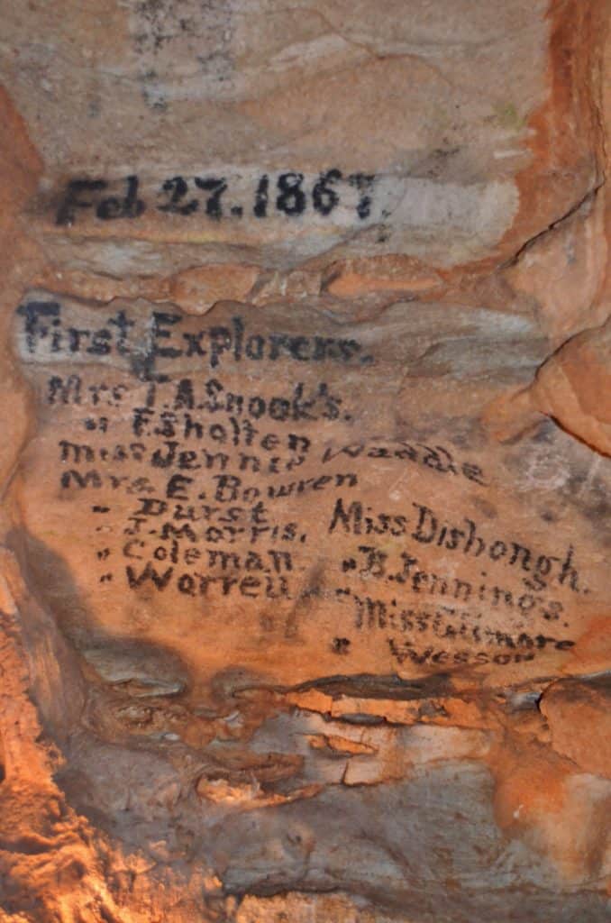 Caves in Missouri: Riding through Fantastic Caverns in Springfield 1867 early explorer names in cave rock in Missouri