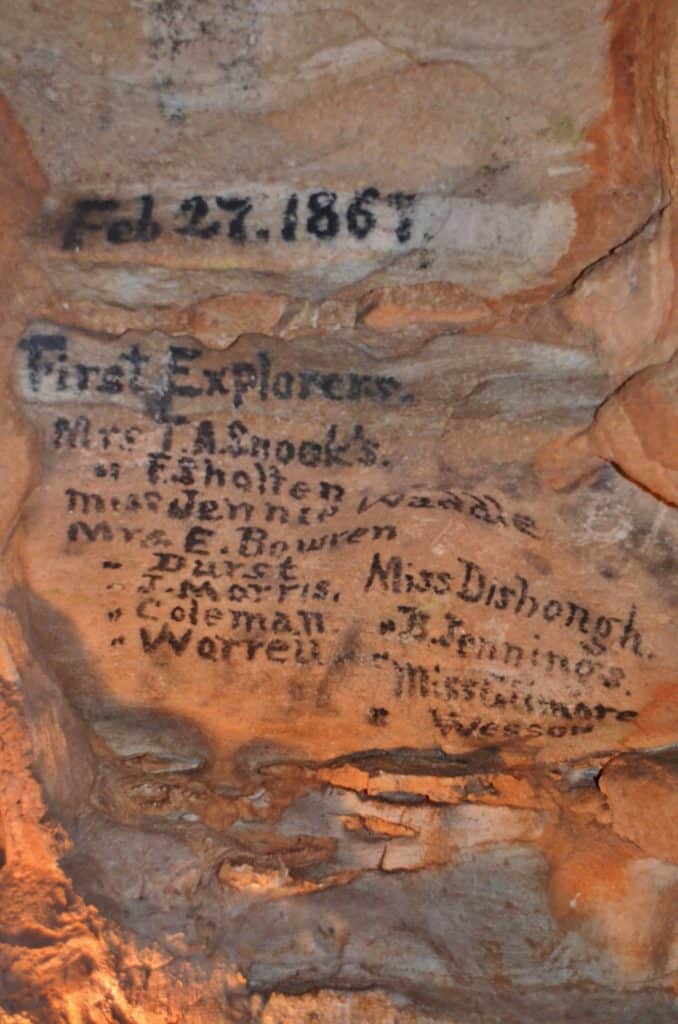 1867 early explorer names in cave rock in Missouri