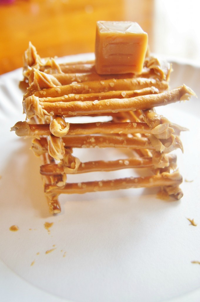 log cabin out of pretzels