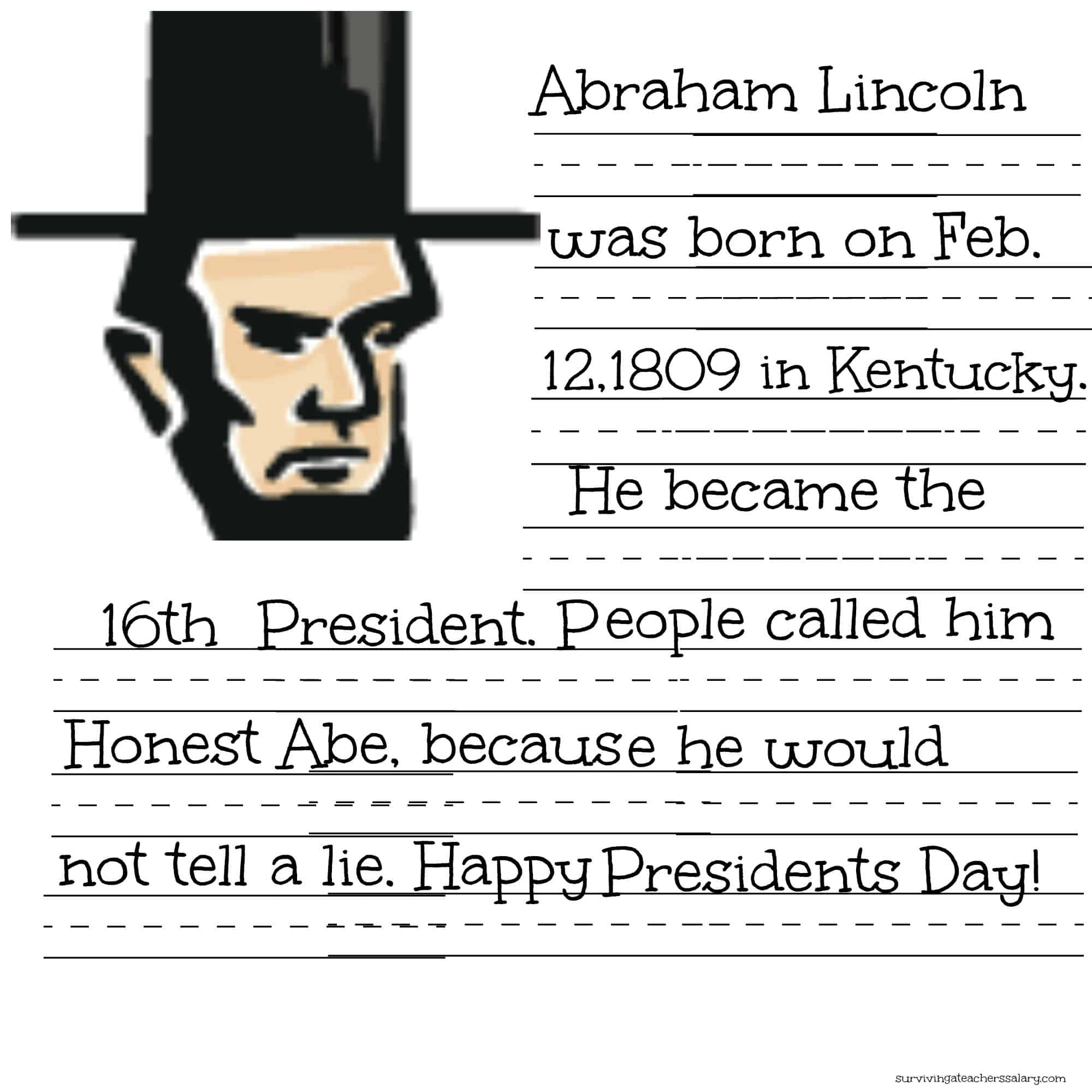 FREE President Lincoln Washington Coloring Sheet Handwriting Practice Printables