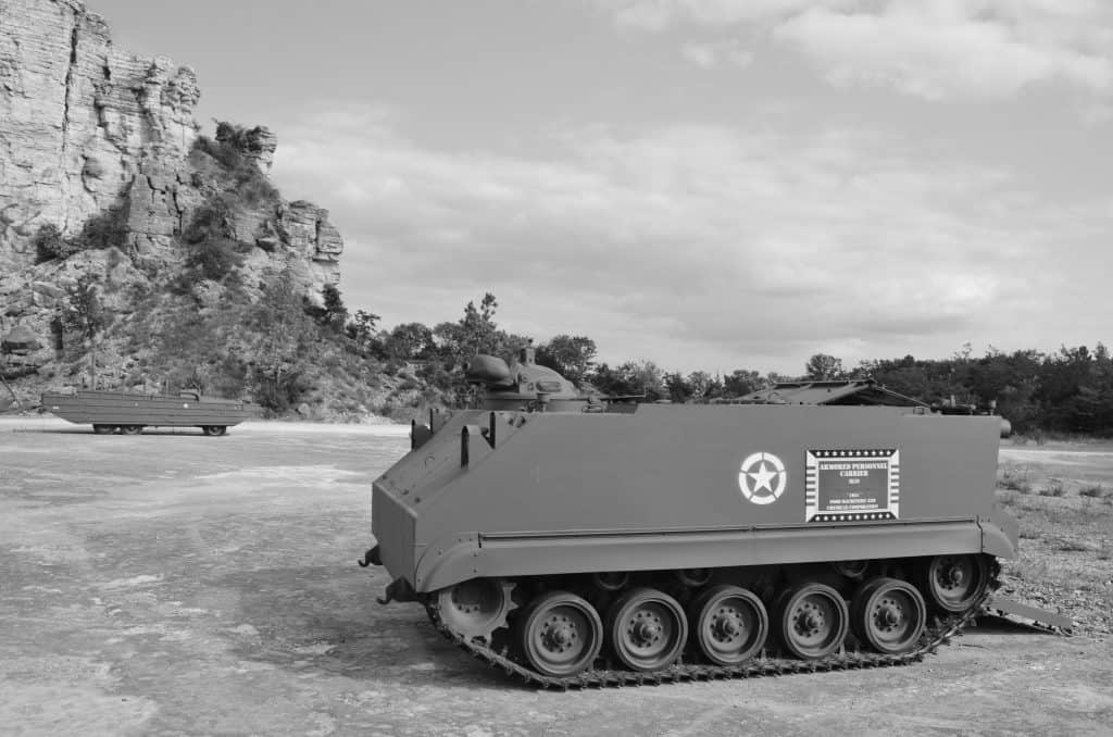 black and white of military vehicle at Ride the Ducks in Branson