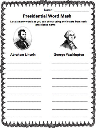 President's Day Lincoln Washington Word Game