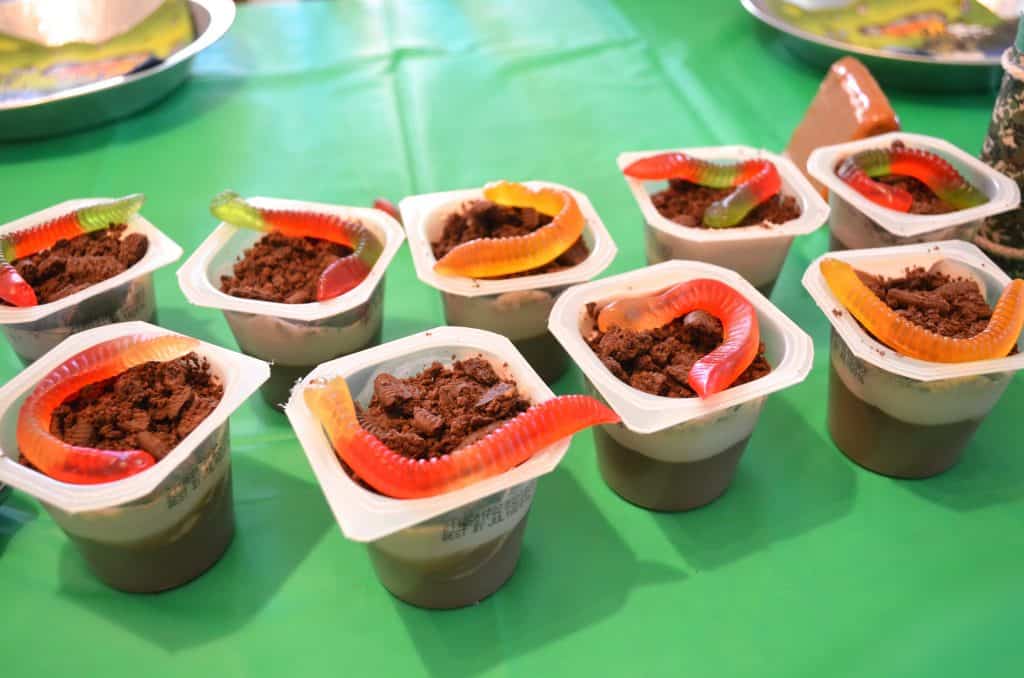 pudding cup of dirt and gummy worms camping party