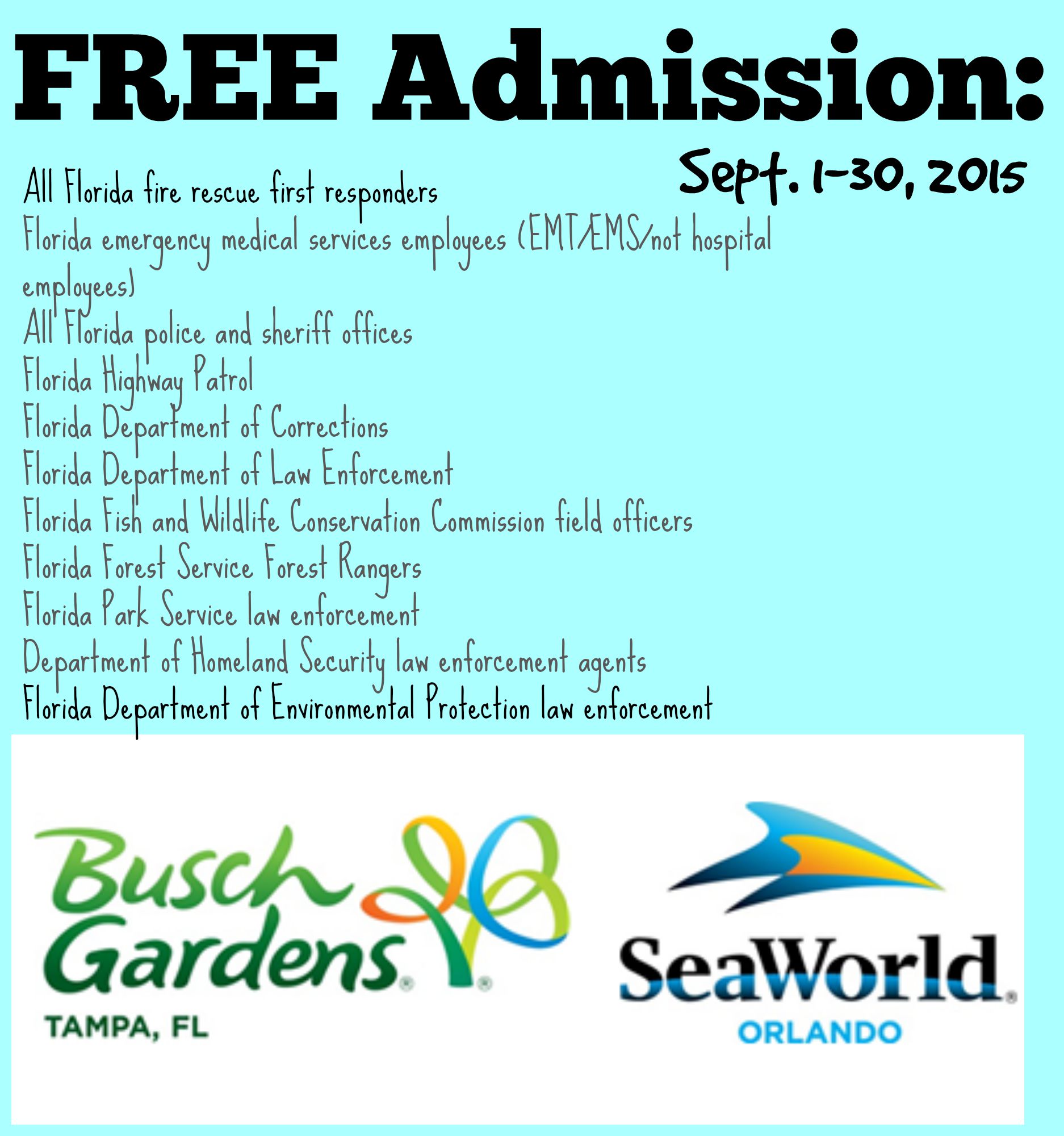 Free Admission For First Responders Sea World Busch Gardens