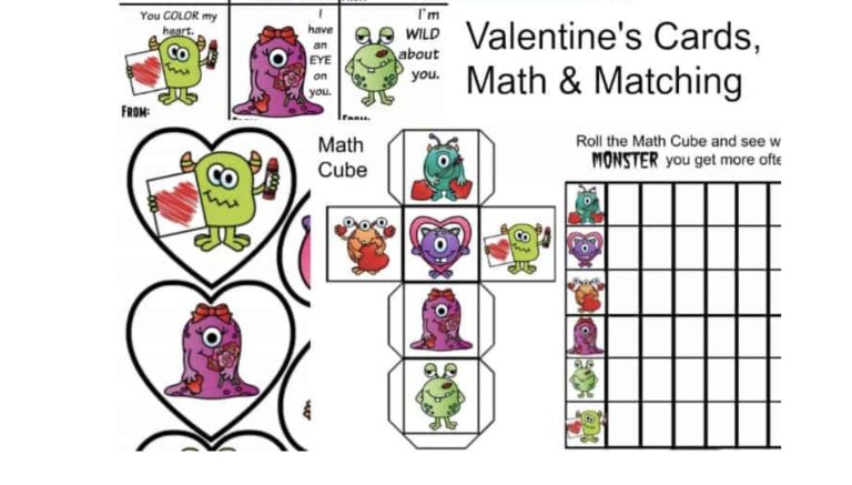 Monster Valentine Printable Cards & Math Game Set