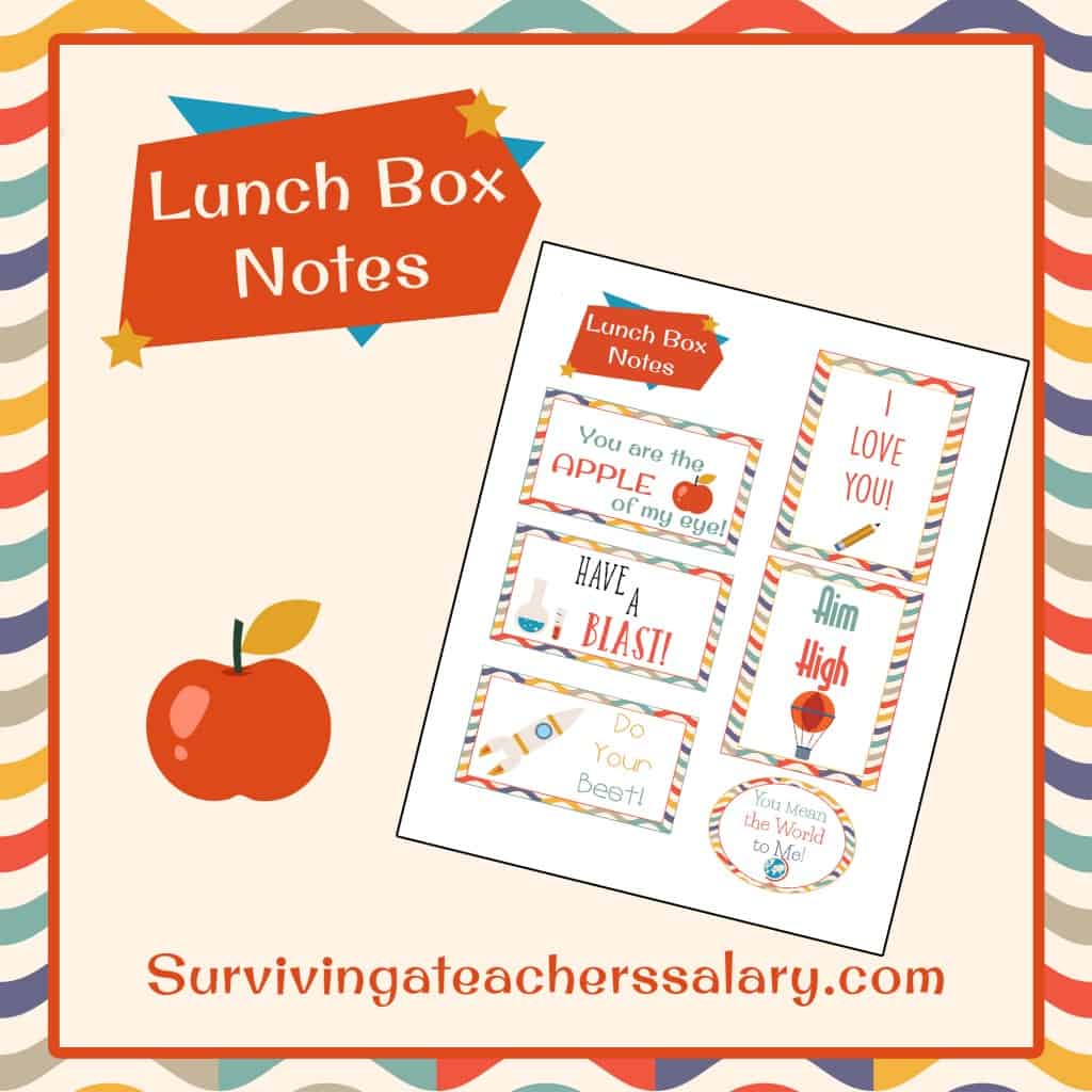 Back to School Printable Lunch Box Notes - apple, pencil, science, astronaut, rocket, school supplies and inspirational themed