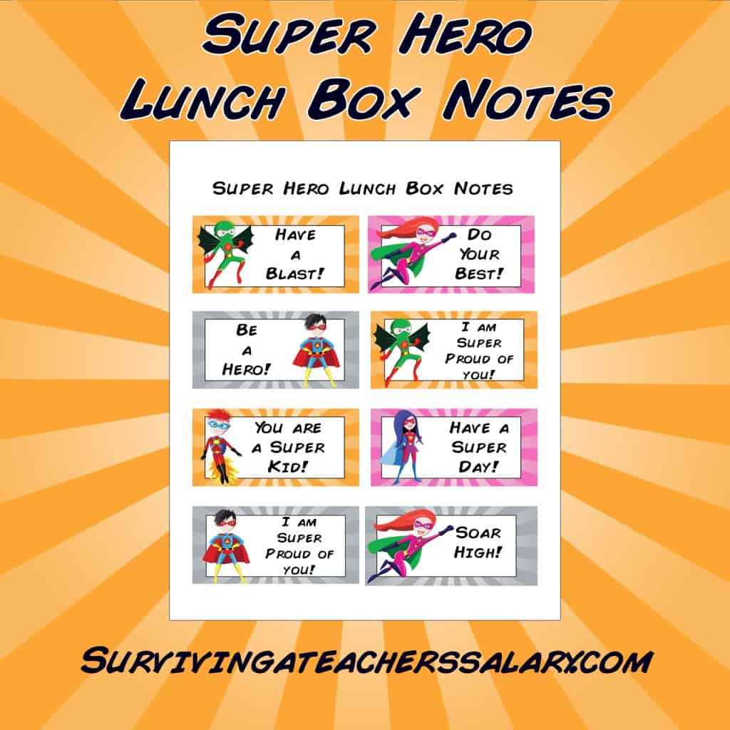 Super Hero Printable Lunch Box Note Cards