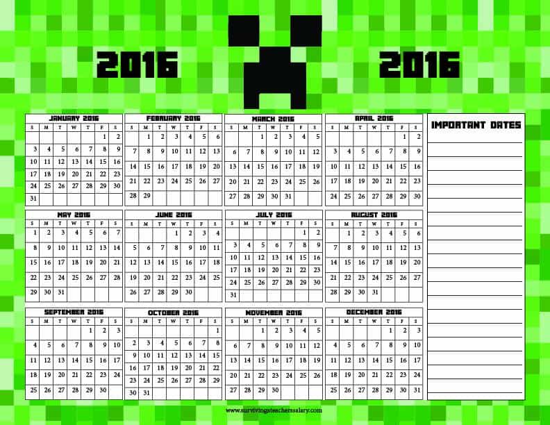 FREE Minecraft Printable Calendar 2016