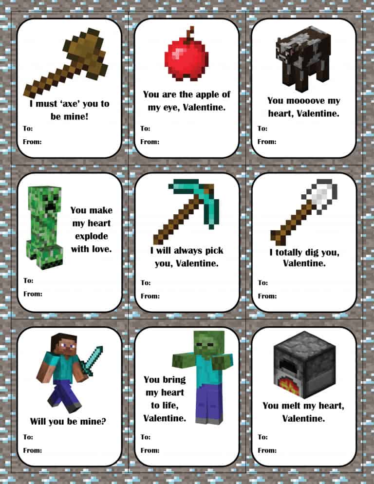 Minecraft  Printable Valentine’s Day Cards