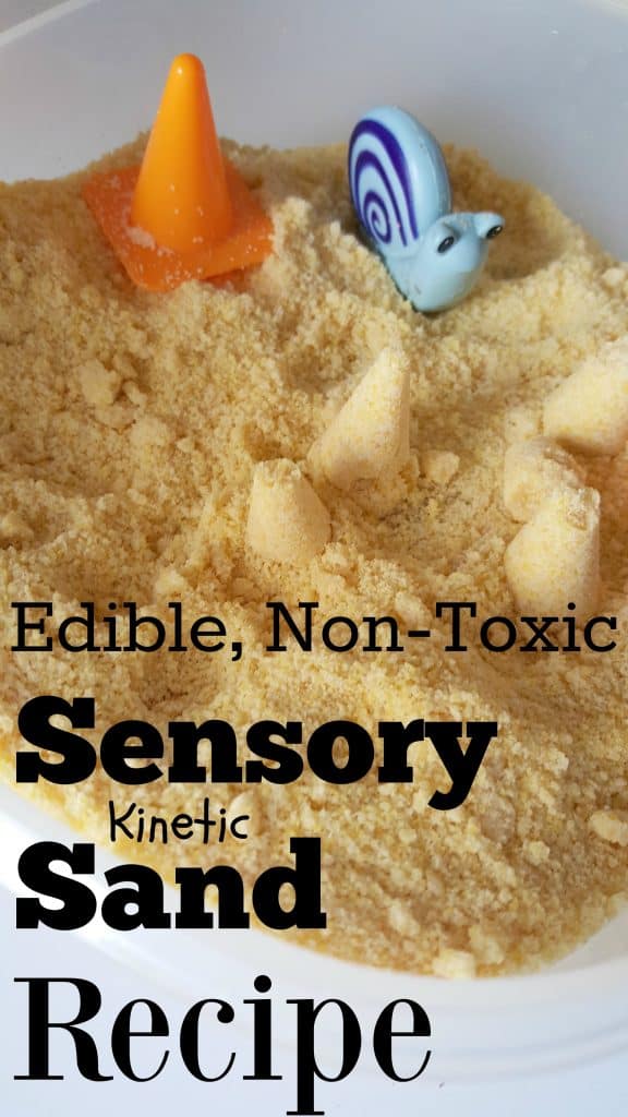 finished sensory bin with edible non toxic homemade kinetic sand