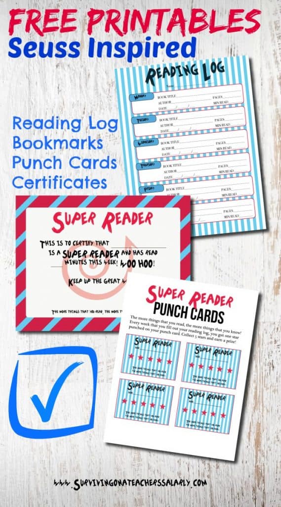 printable Dr Seuss Reading Log, Bookmarks, Punch Cards and Award Certificates