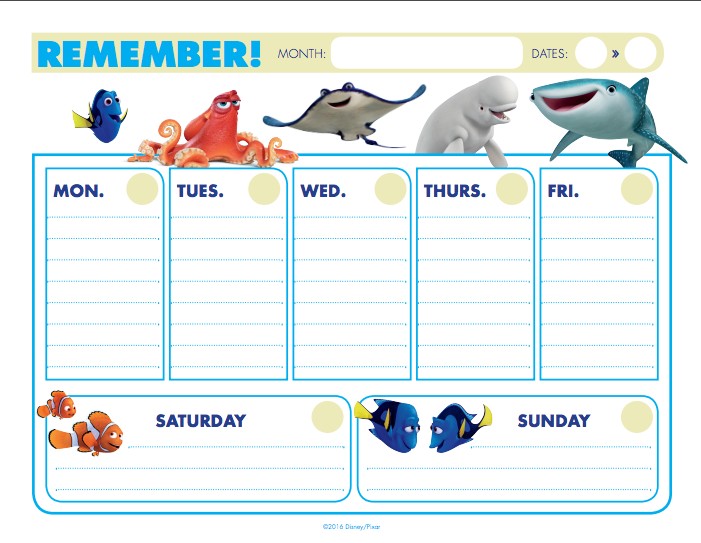 Disney Pixar Finding Dory Calendar Printable