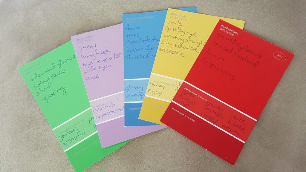 paint chip cards with emotions feelings