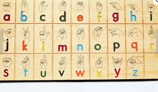 wooden sign language letter blocks