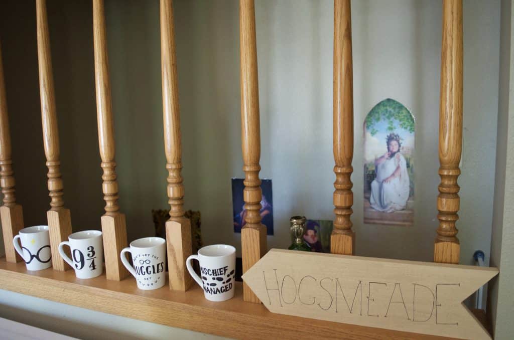 DIY Harry Potter mugs, Hogsmeade sign, and staircase wall art