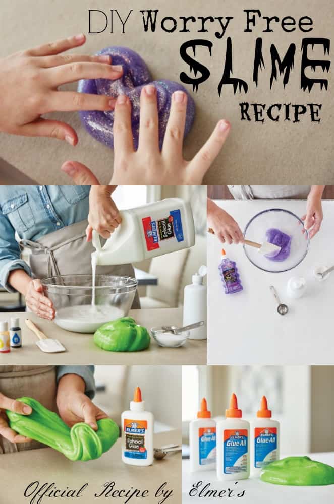 elmer's worry free slime recipe collage showing the tutorial process of how to make slime for kids