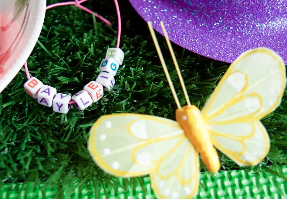 up close view of magical tea party butterfly and bracelet