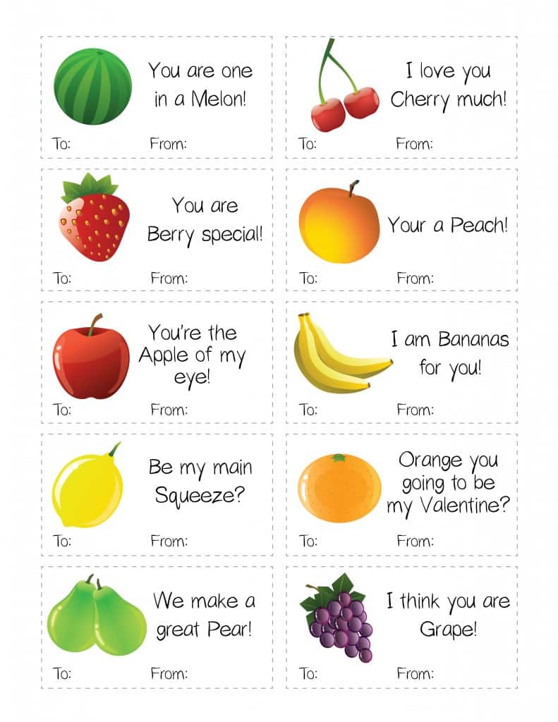 Punny Healthy Fruit & Vegetable Valentine's Day Printable Cards