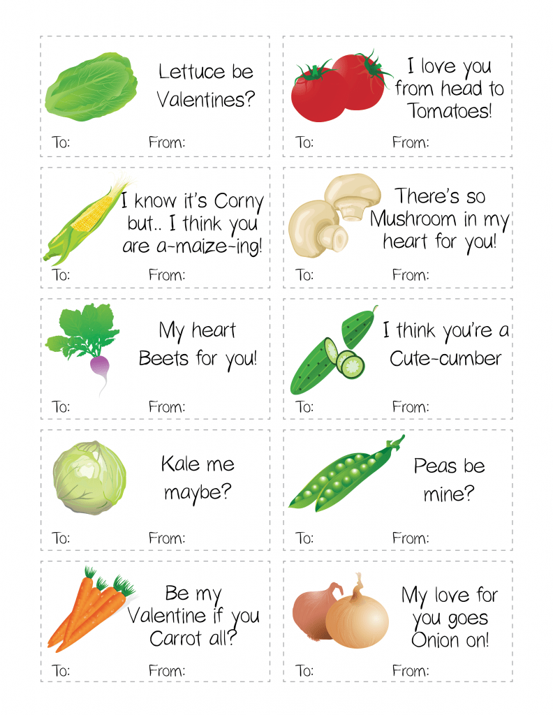 Punny Healthy Fruit & Vegetable Valentine's Day Printable Cards