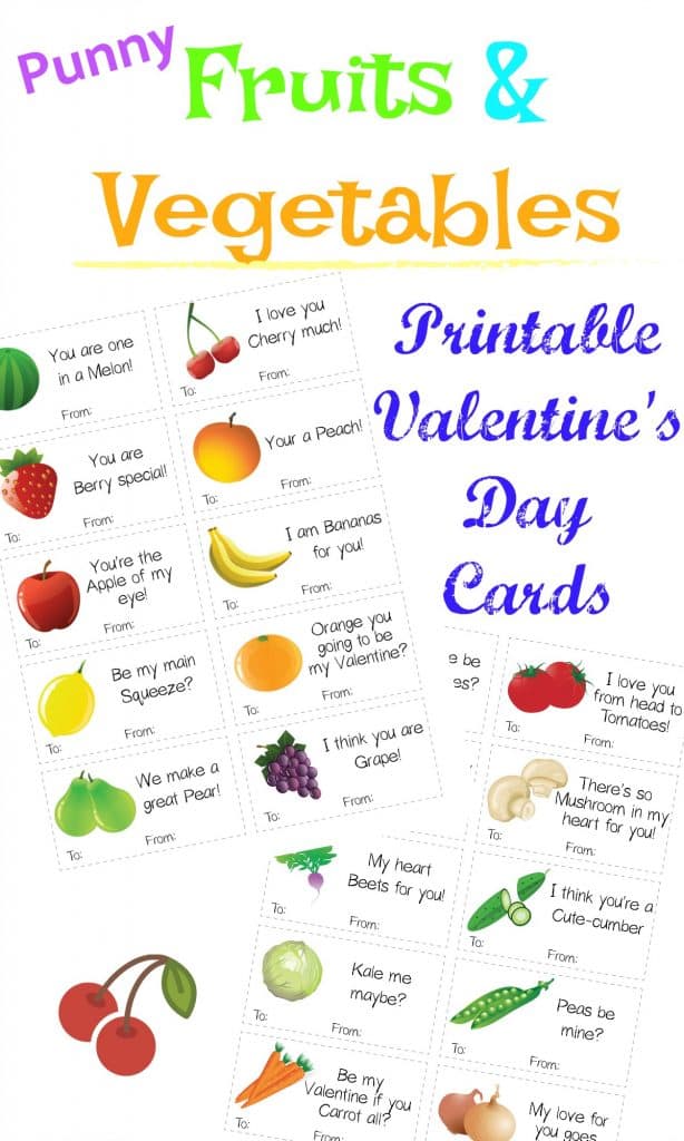 Punny Healthy Fruit & Vegetable Valentine's Day Printable Cards