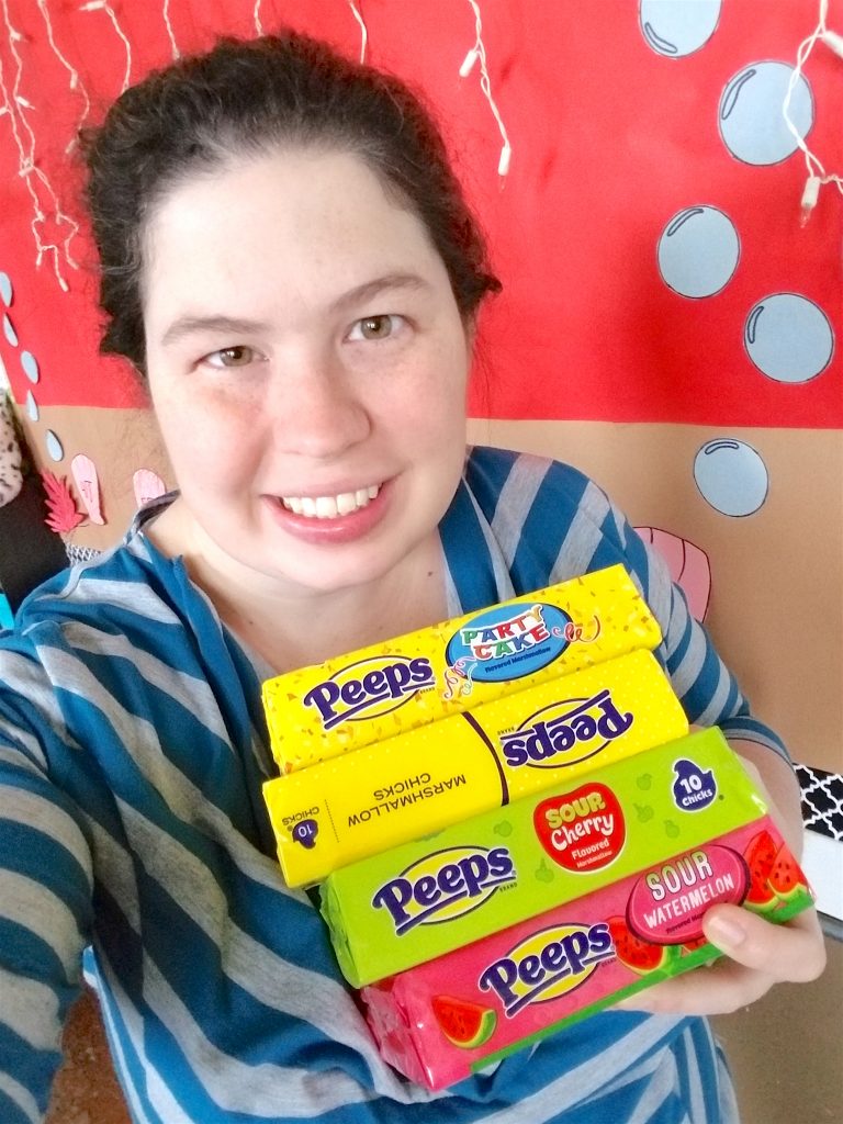 woman with pile of PEEPS Easter candy