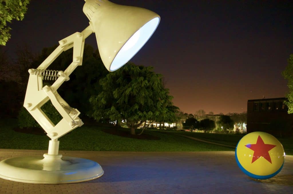 night photo of Luxo Lamp and Ball at Pixar