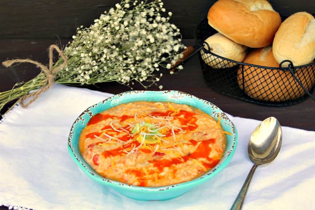 teal bowl of buffalo chicken soup