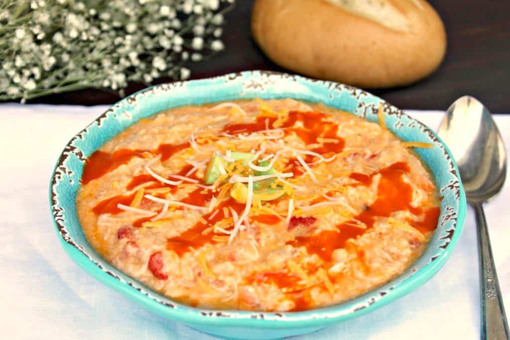 teal bowl of buffalo chicken soup