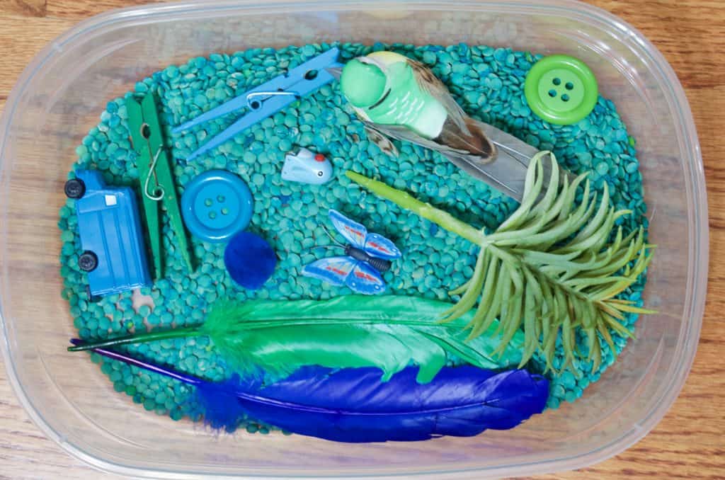 blue and green sensory bin