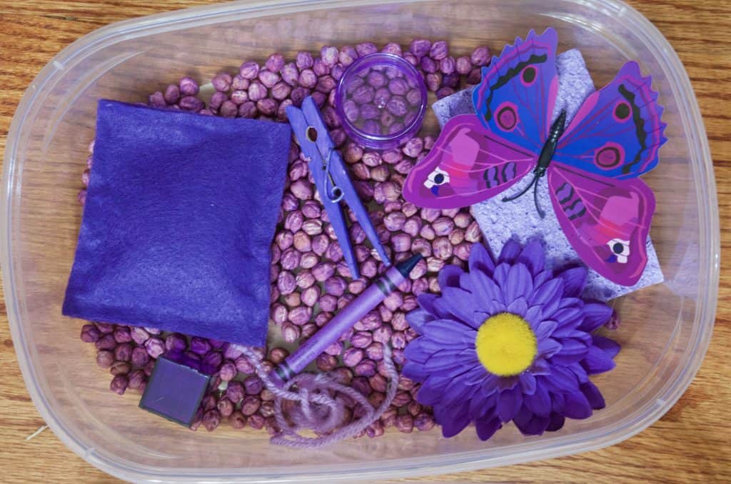 purple color sensory bin