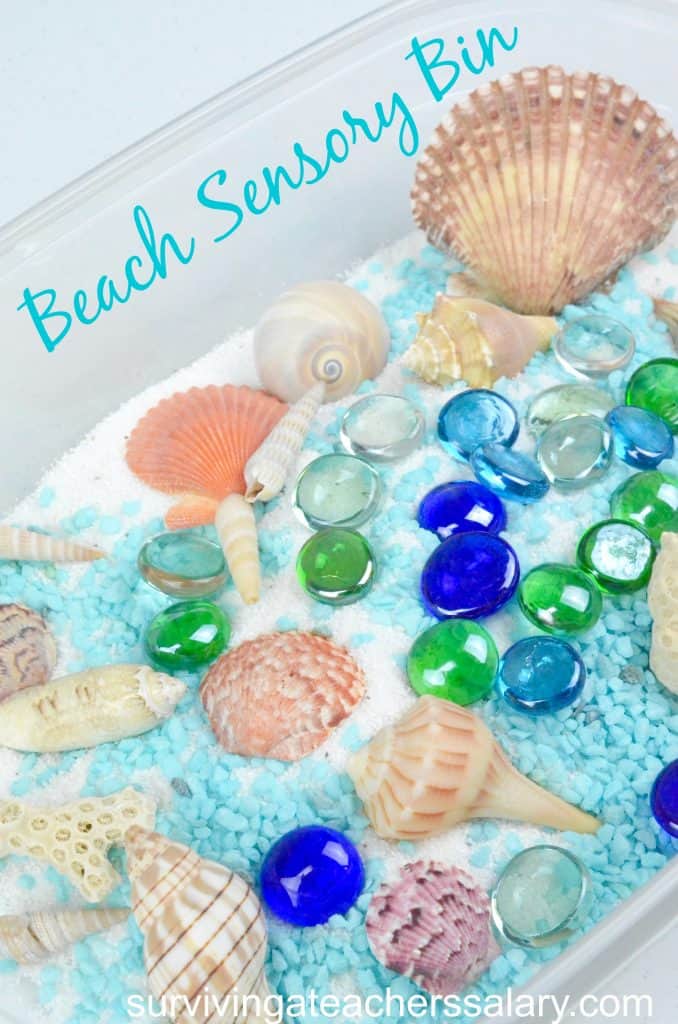 beach themed sensory bin for preschool play