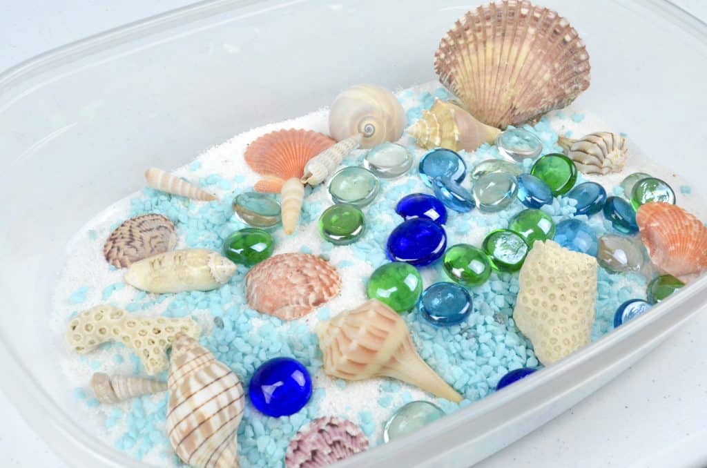 beach sensory bin with seashells blue and green colors