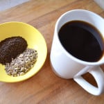 Paleo AIP coffee in white mug with dandelion chicory root in bowl