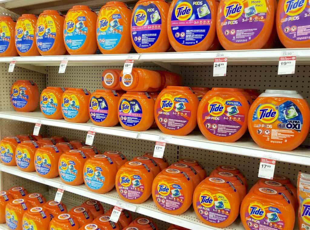shelves of Tide PODS Laundry Detergent in grocery store