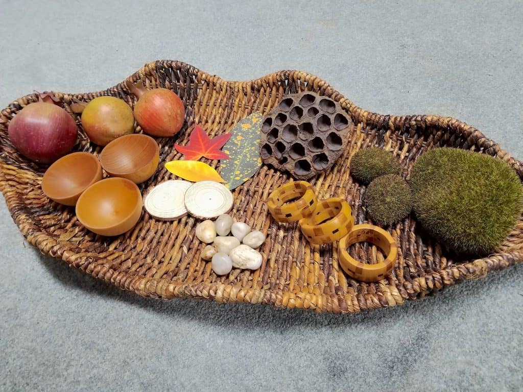 fall nature basket sensory bin leaf