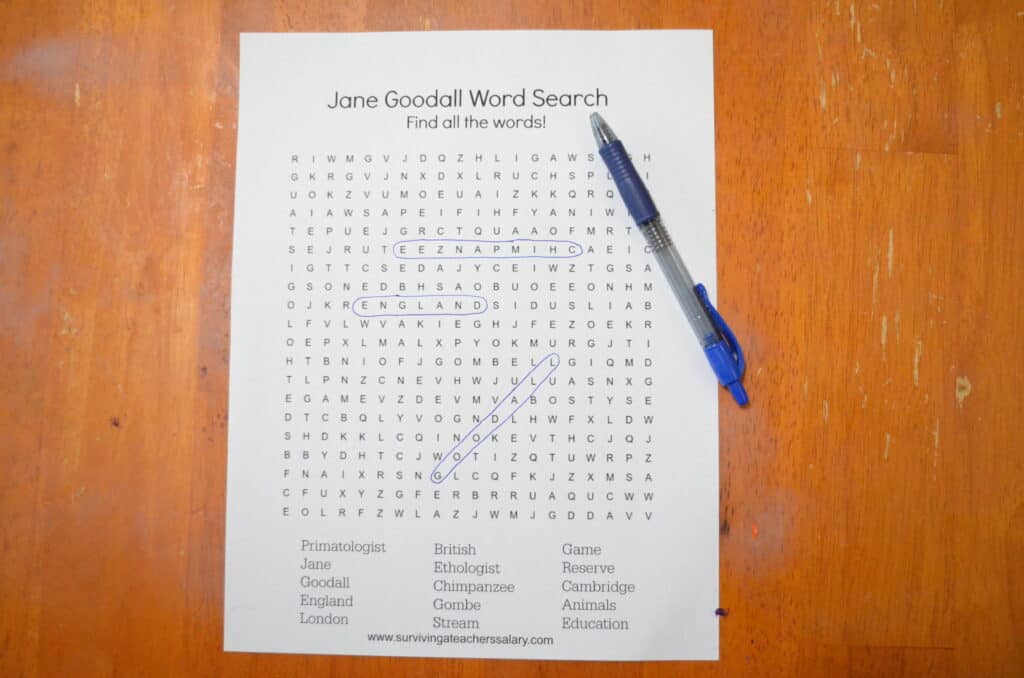 Jane Goodall science word search game