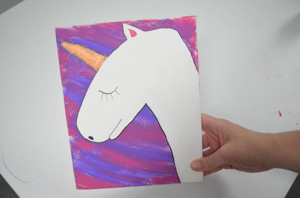 hand painted white unicorn on purple canvas