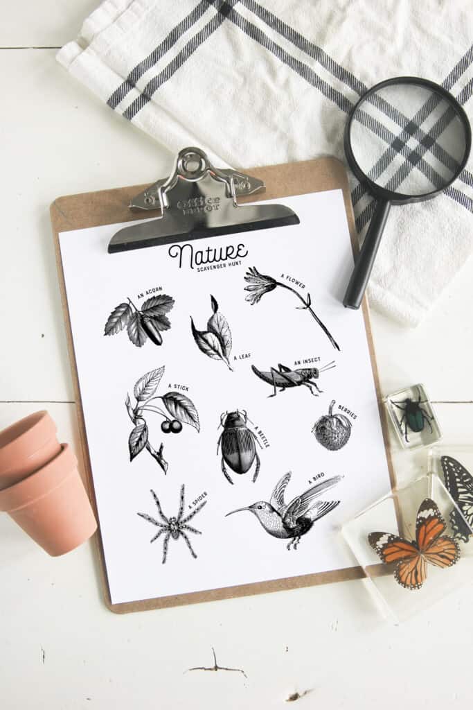 black and white scavenger hunt nature journal page