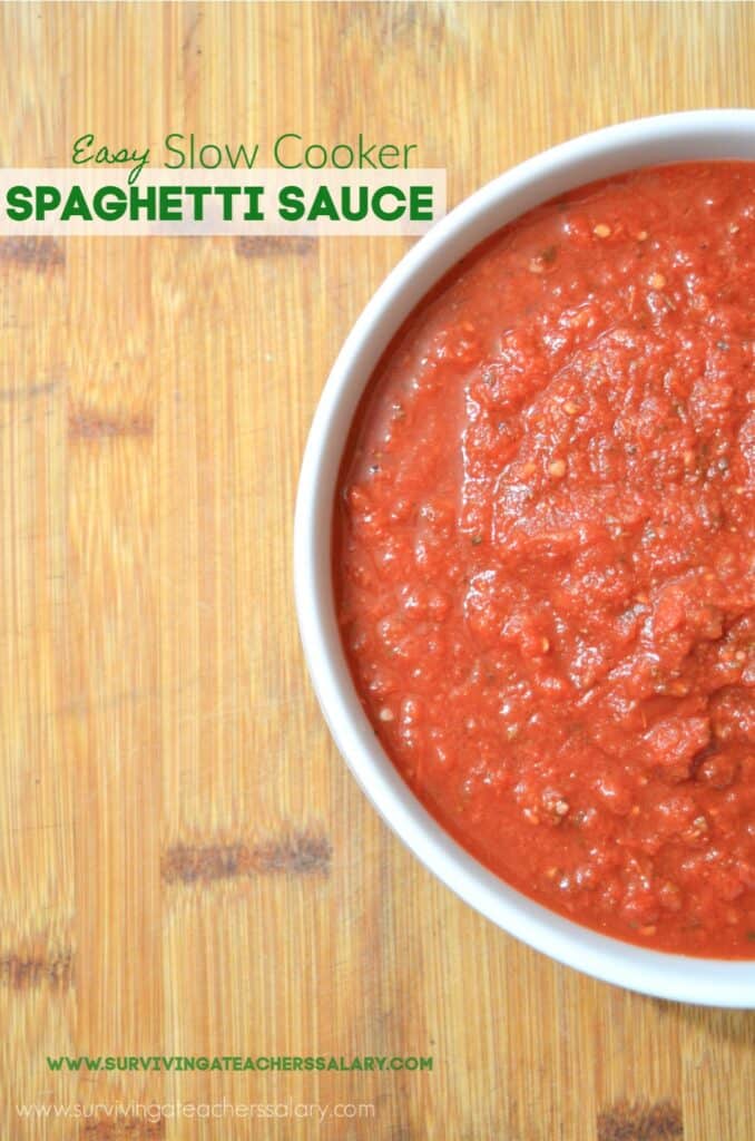 homemade spaghetti sauce in bowl on cutting board