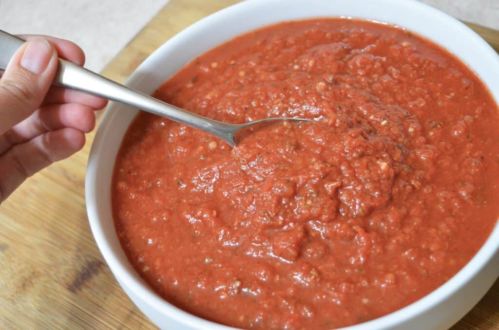 white bowl of homemade spaghetti sauce