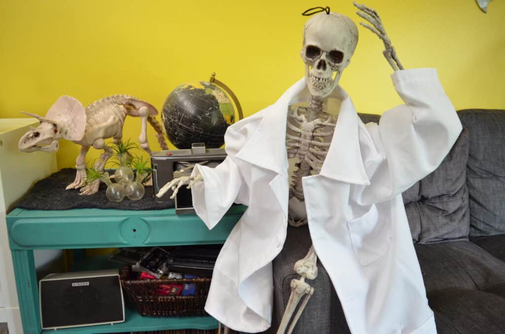 skeleton wearing lab coat