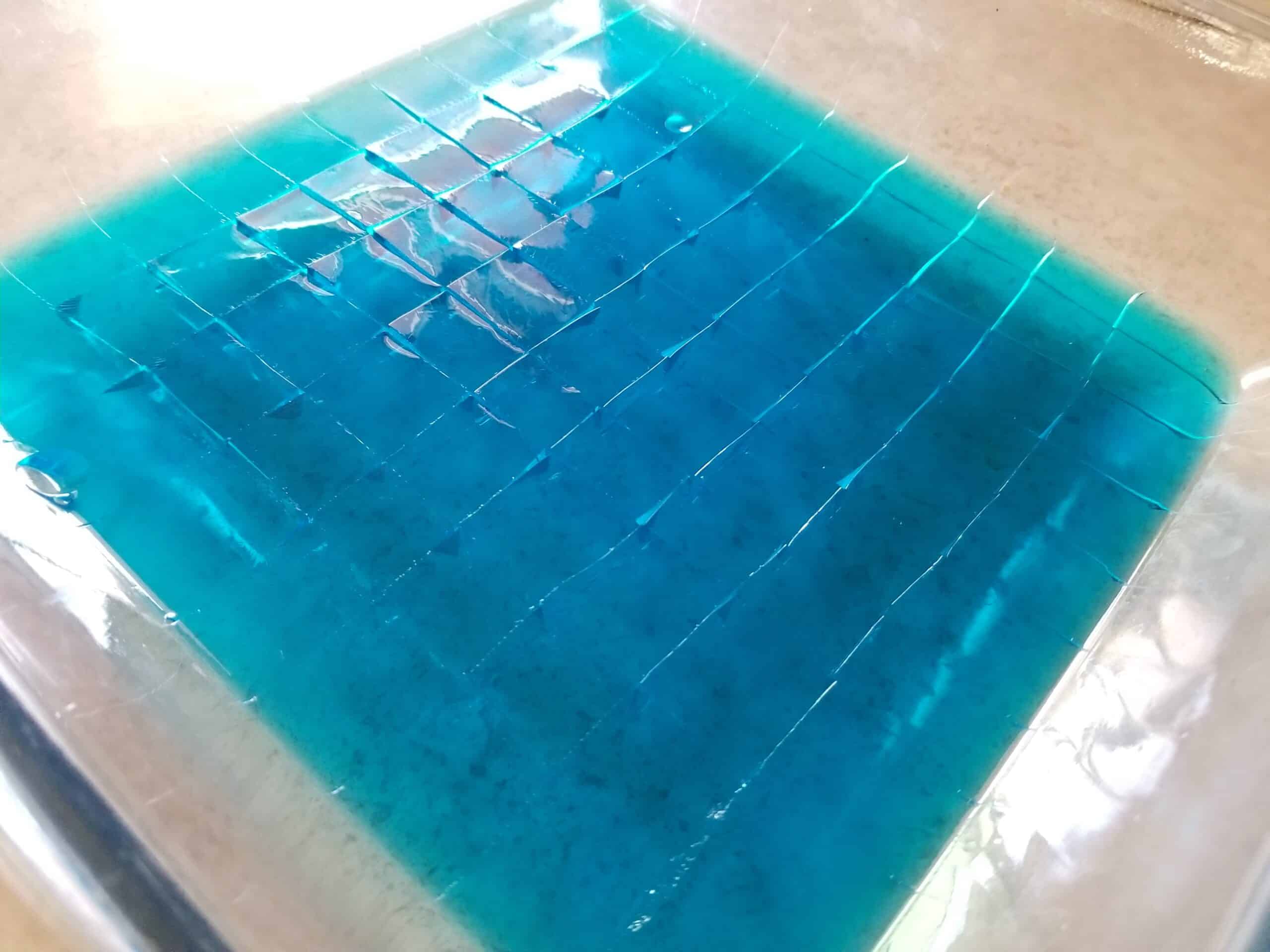 blue jello squares cut in cubes