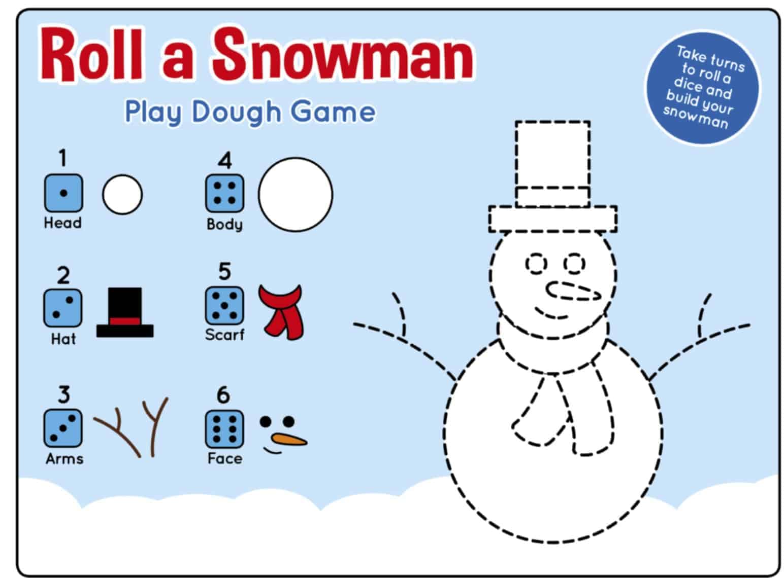 Winter Roll A Snowman Printable Play Dough Mat Game