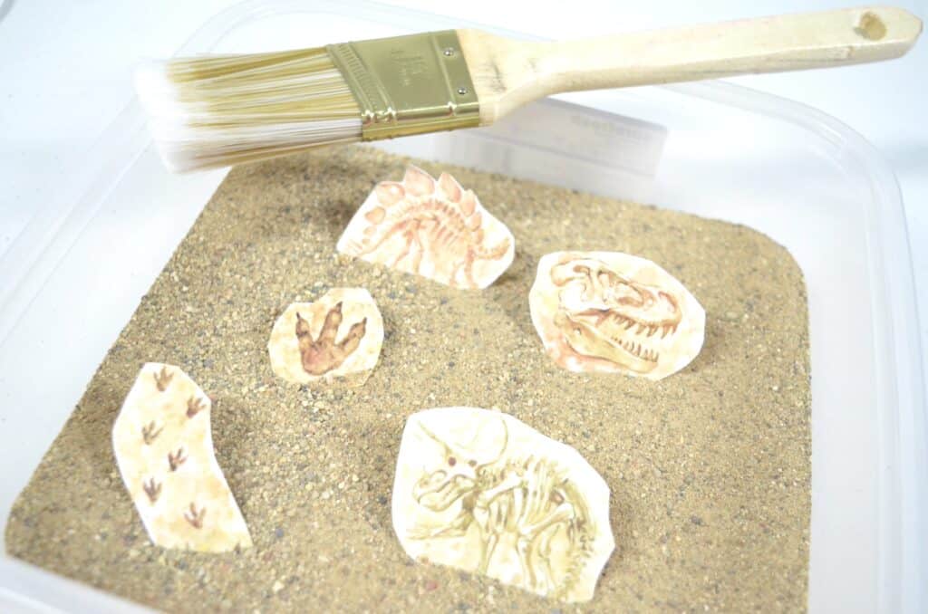 Dinosaur Sensory Bin Textured Dig This! Activity with Printables
