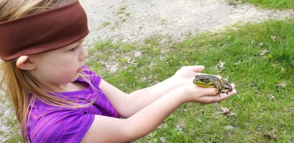 girl holding a bullfrog